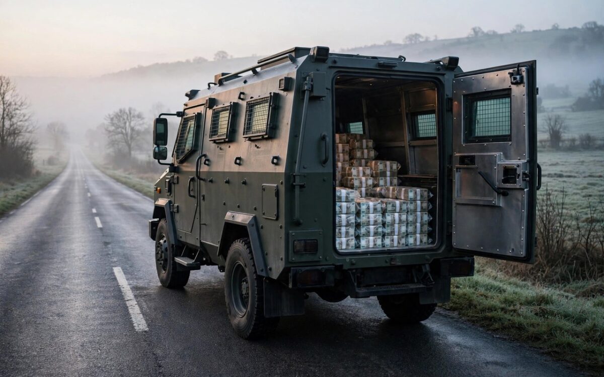 Stacks of euro banknotes and gold bars behind armored vehicle doors