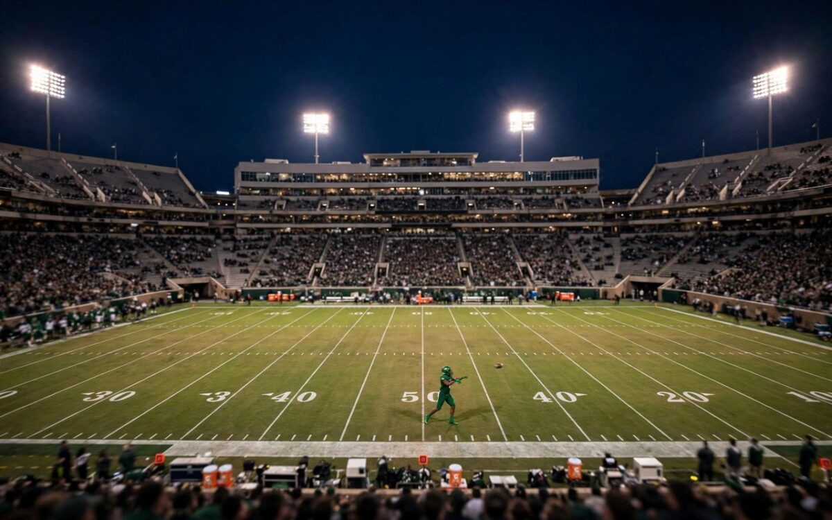 A college football quarterback throwing a pass under stadium lights at night