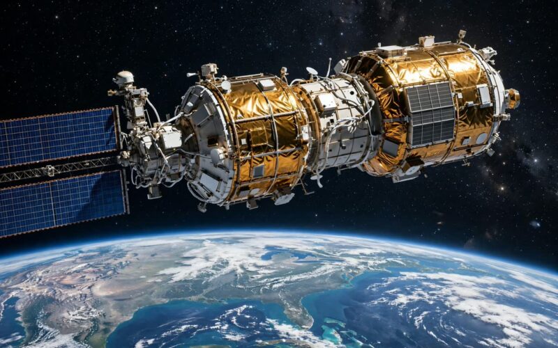 Space station module orbiting above Earth