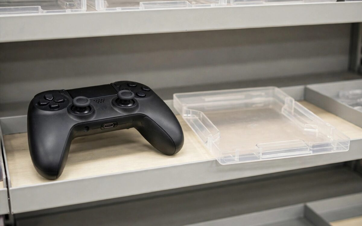 A video game controller resting on a store shelf next to a blank disc case.