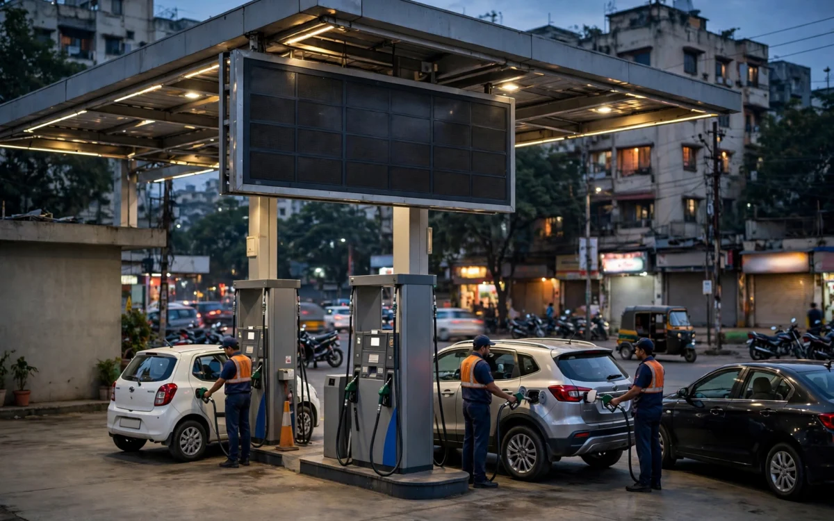 A fuel station in India with cars refueling
