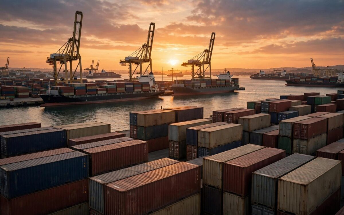 Cargo ships and containers at a busy international seaport at dusk