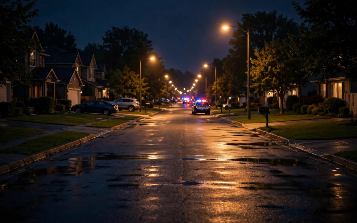 An empty suburban street at night with distant police lights during a manhunt in San Diego.