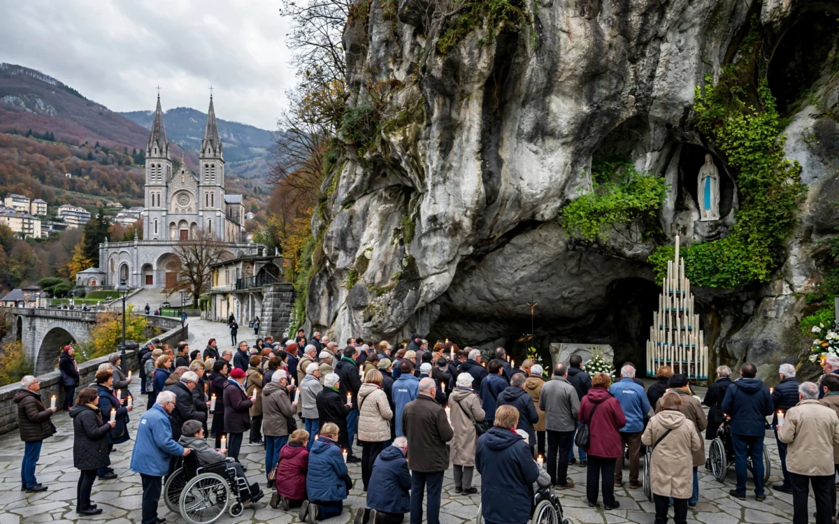 Pope Leo XIV waving to a crowd in Lourdes, France