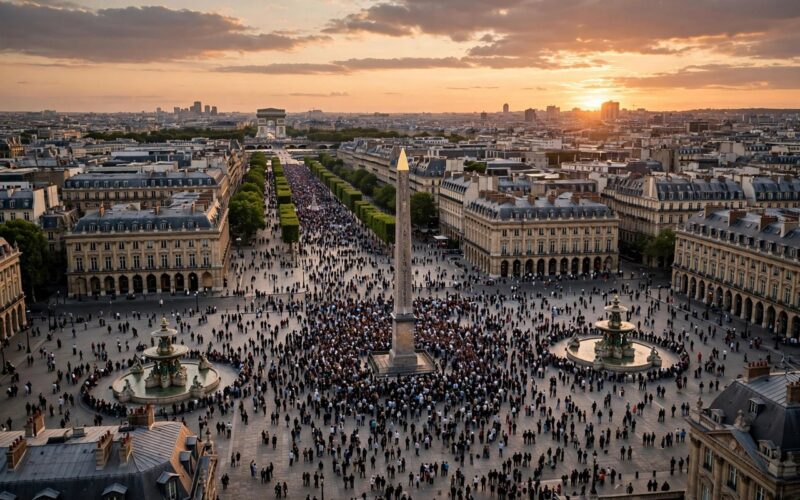 A vast crowd gathered in a historic Paris square at sunset