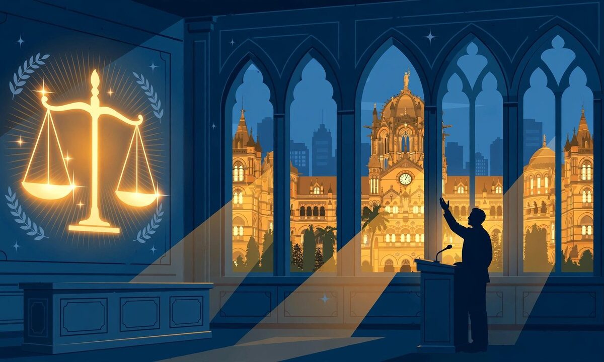 Editorial illustration of a courtroom drama film poster motif with scales of justice