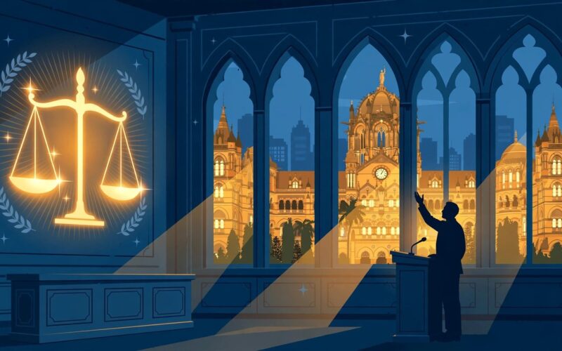 Editorial illustration of a courtroom drama film poster motif with scales of justice
