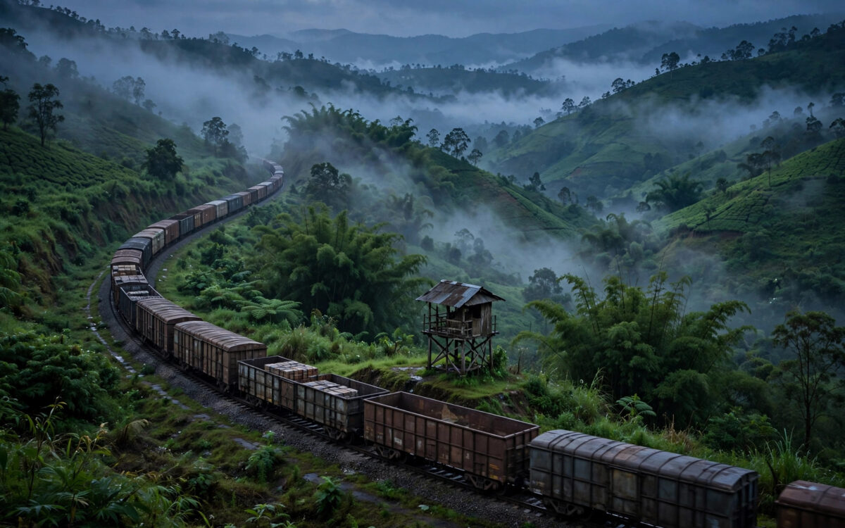 Freight wagons on a railway line through the misty hills of Northeast India, depicting AI-monitored freight security.