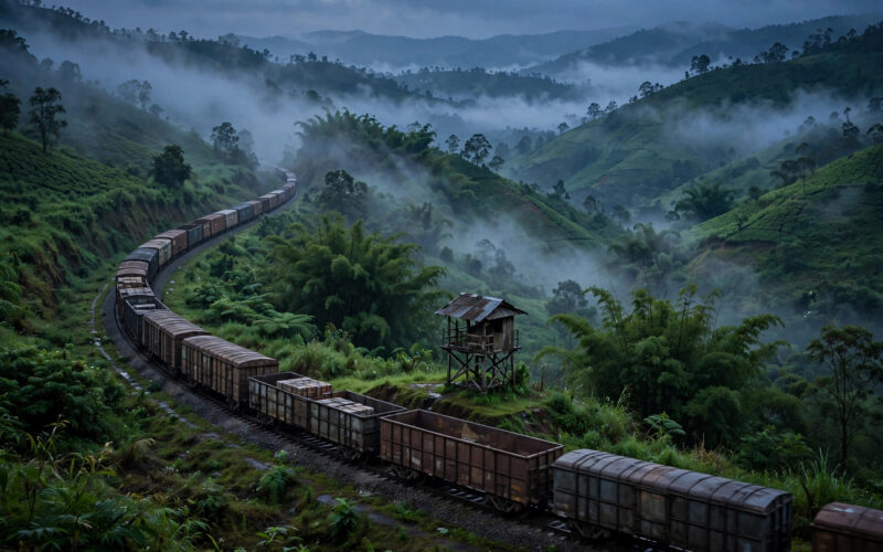 Freight wagons on a railway line through the misty hills of Northeast India, depicting AI-monitored freight security.