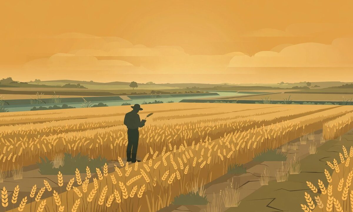 Editorial illustration of a wheat field under a hazy sky with a farmer inspecting crops