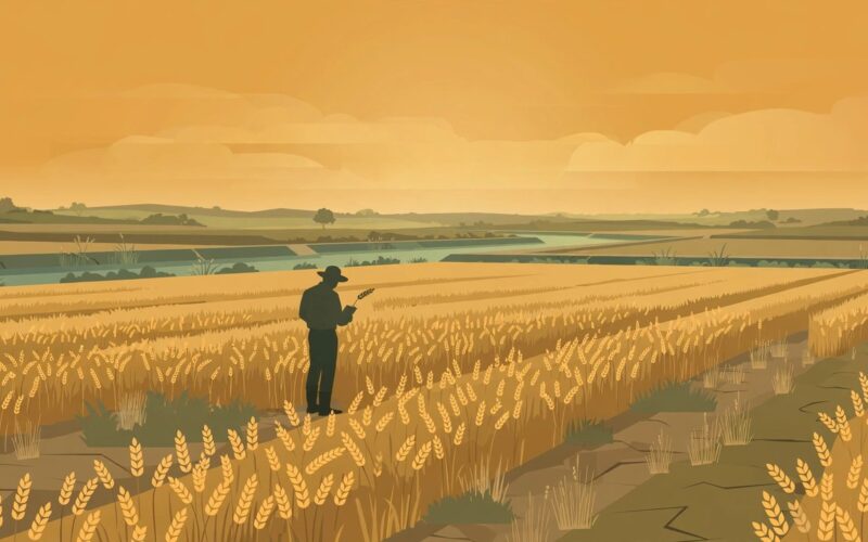 Editorial illustration of a wheat field under a hazy sky with a farmer inspecting crops