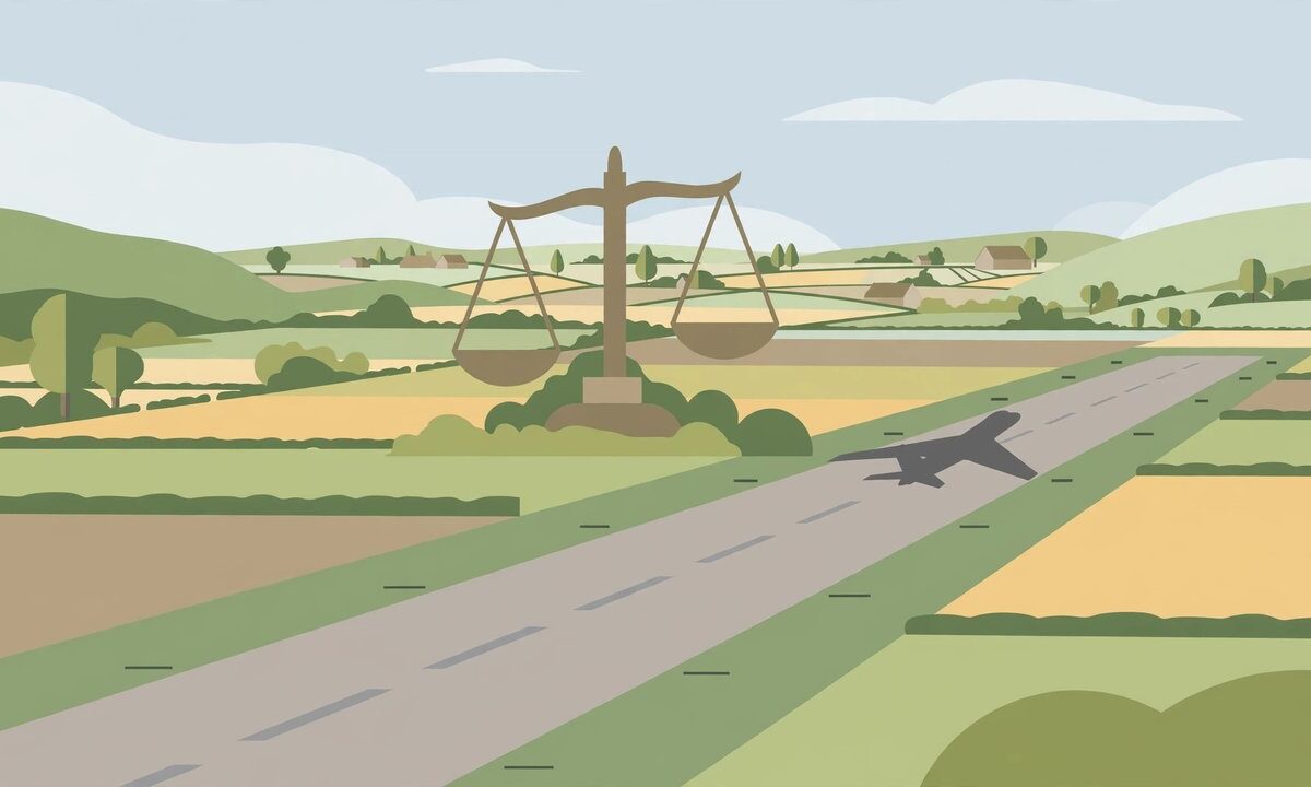 Editorial illustration of an airbase runway with a courthouse gavel and scales of justice