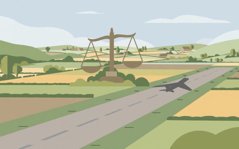Editorial illustration of an airbase runway with a courthouse gavel and scales of justice