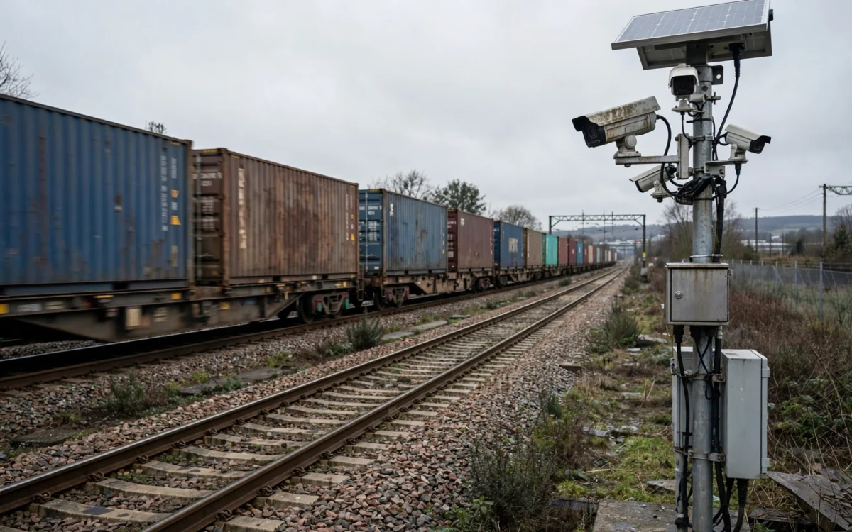 Freight train wagons on railway tracks with trackside camera equipment monitoring passing containers.