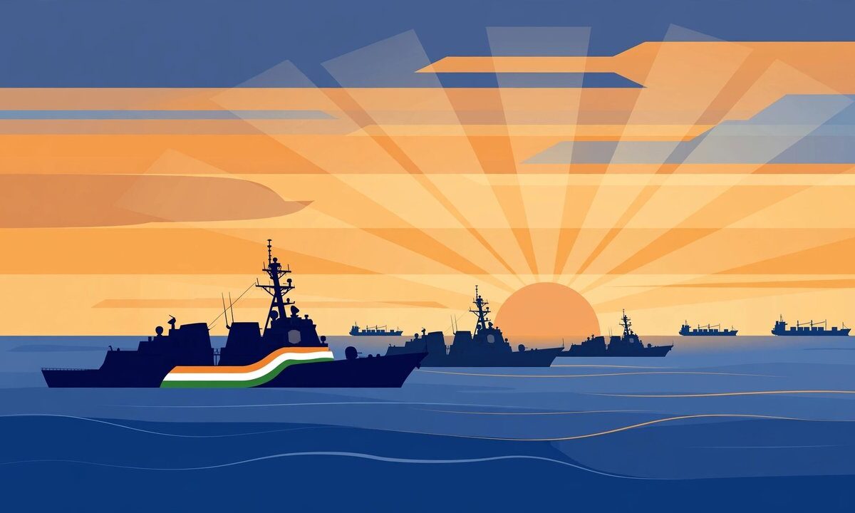 Editorial illustration of Indian Navy warships patrolling the Indian Ocean at sunrise
