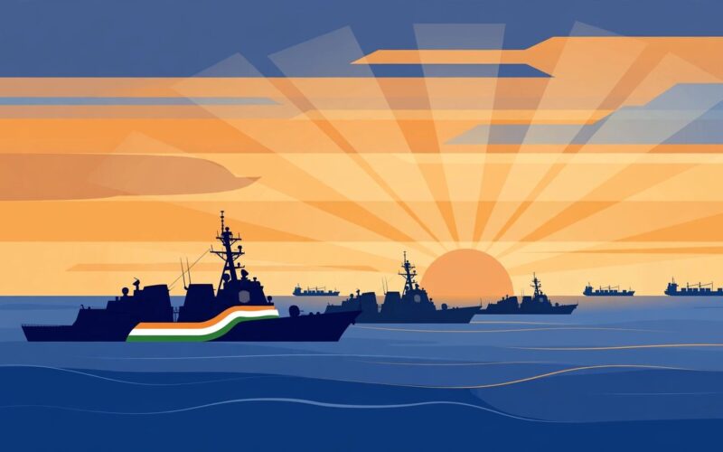 Editorial illustration of Indian Navy warships patrolling the Indian Ocean at sunrise