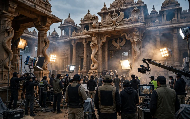 A grand cinematic epic film set with ancient Indian architecture, dramatic lighting and a large-scale scene being filmed.