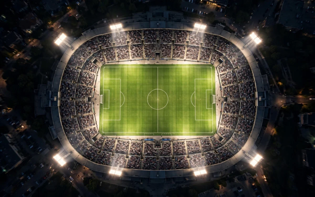 A floodlit football stadium at night seen from above, with a packed blurred crowd around the green pitch.