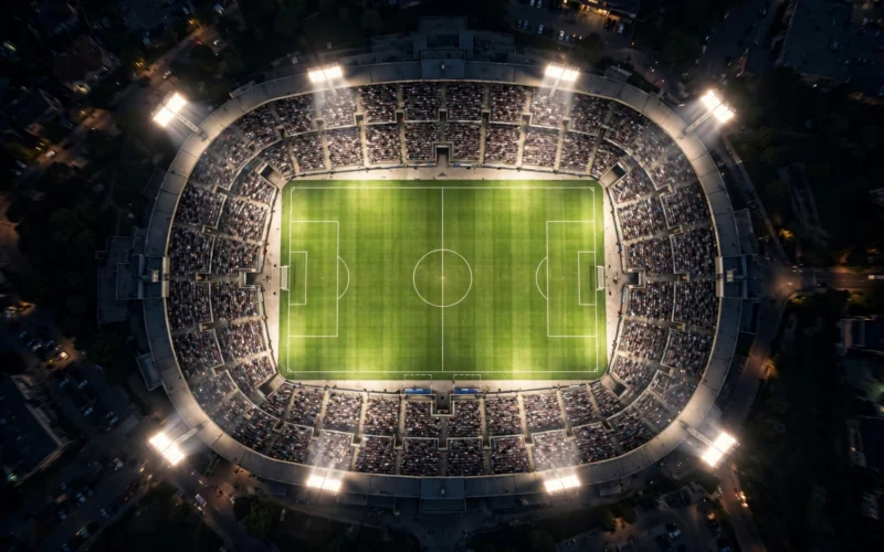 A floodlit football stadium at night seen from above, with a packed blurred crowd around the green pitch.