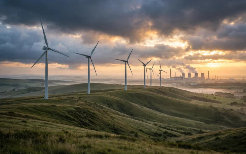 Wind turbines on green hills at sunrise, with a distant coal power station and cooling towers on the horizon.