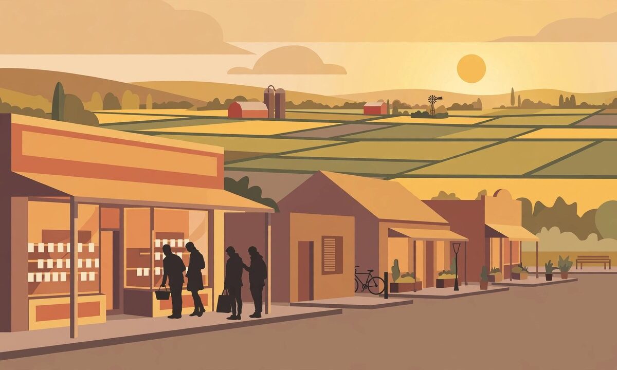 Editorial illustration of rural American voters at a grocery store with price tags