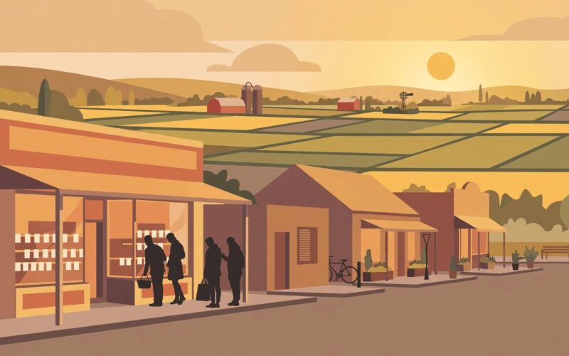Editorial illustration of rural American voters at a grocery store with price tags