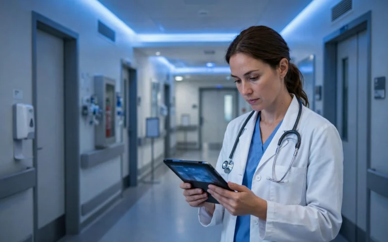 Hospital corridor with doctor using tablet