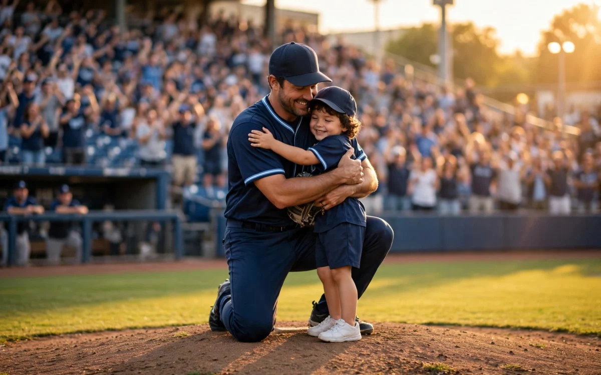 Pitcher hugging his daughter on the mound
