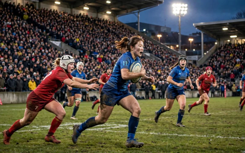Women's rugby match in a packed stadium