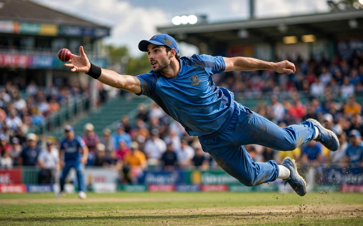 Cooper Connolly leaping to take a one-handed catch at cover point