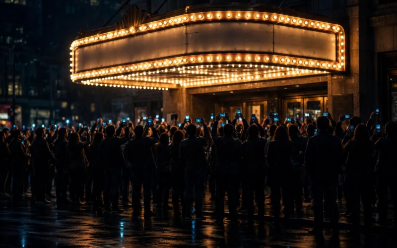Movie theater marquee at night with a crowd holding smartphones