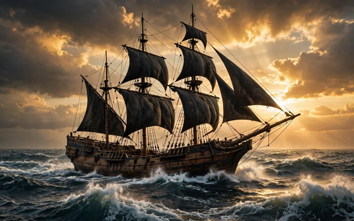 Pirate ship with black sails on dramatic seas at golden hour