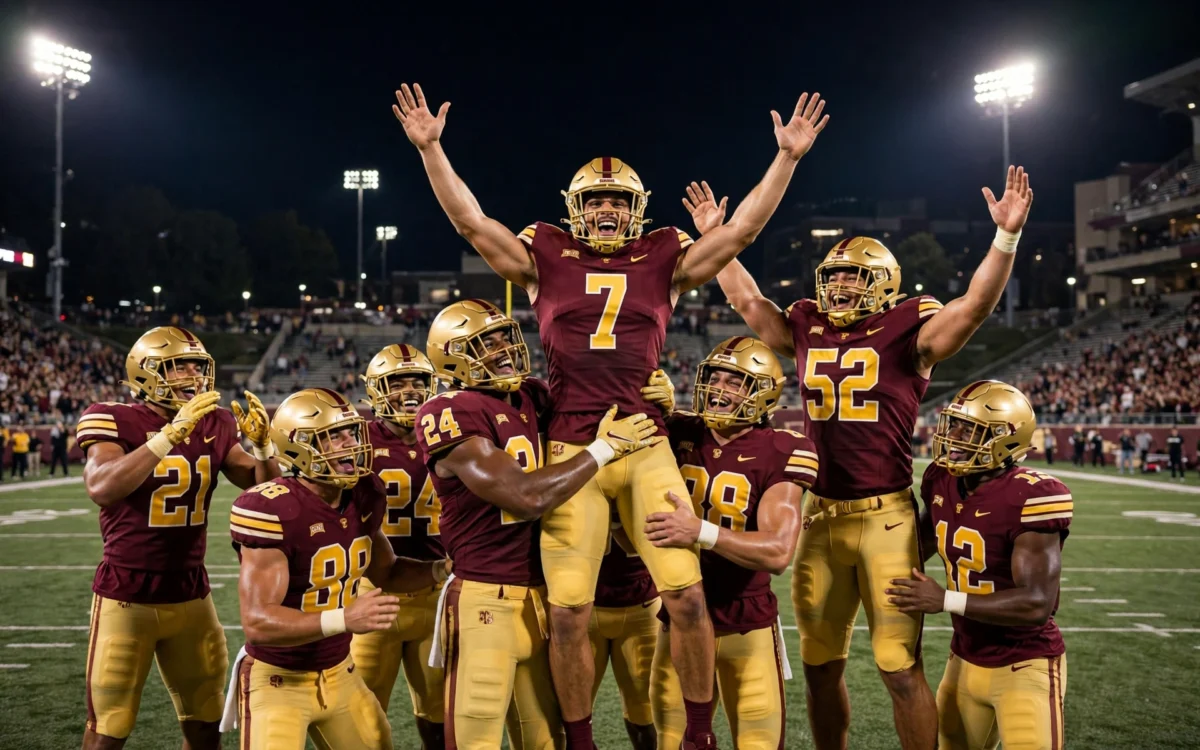 College football players celebrating a win
