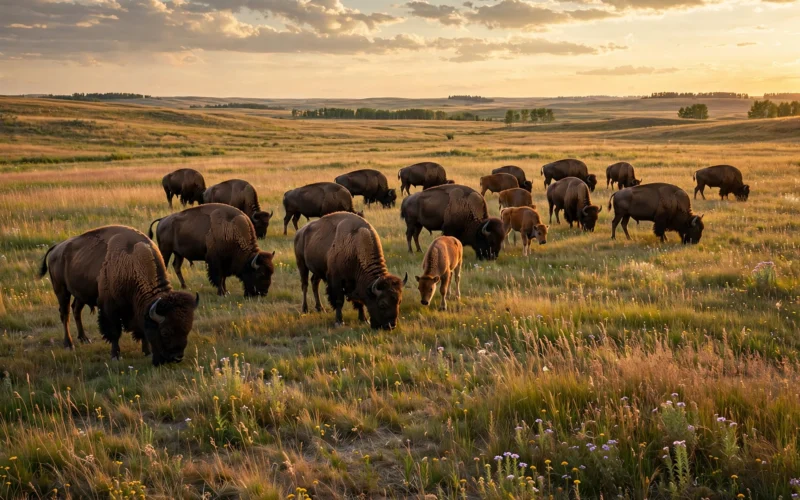 Bison herd grazing on Canadian prairie