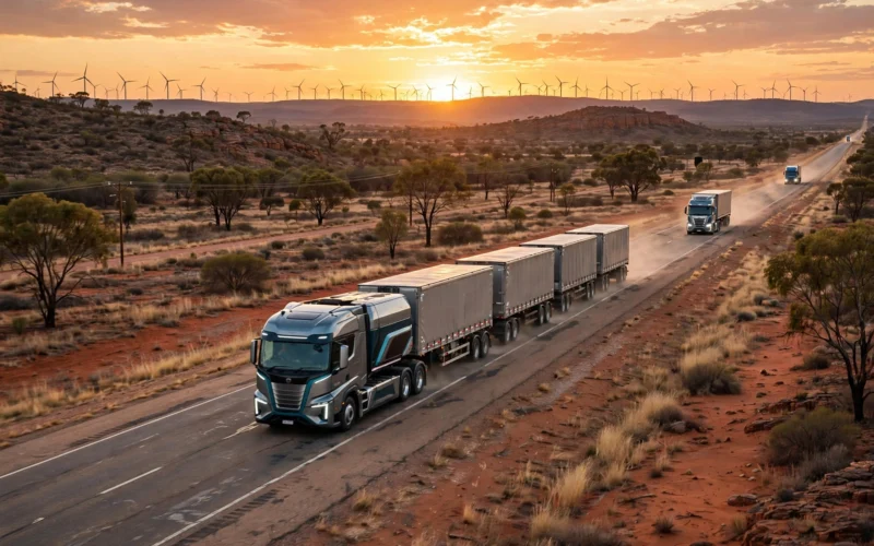 Electric trucks on an Australian highway with wind turbines in the distance
