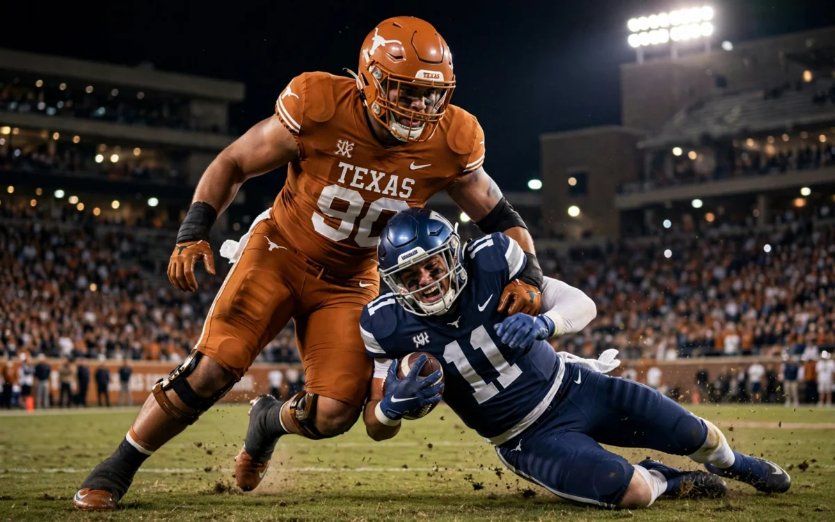 Texas defender Colin Simmons sacking Tennessee quarterback in college football game