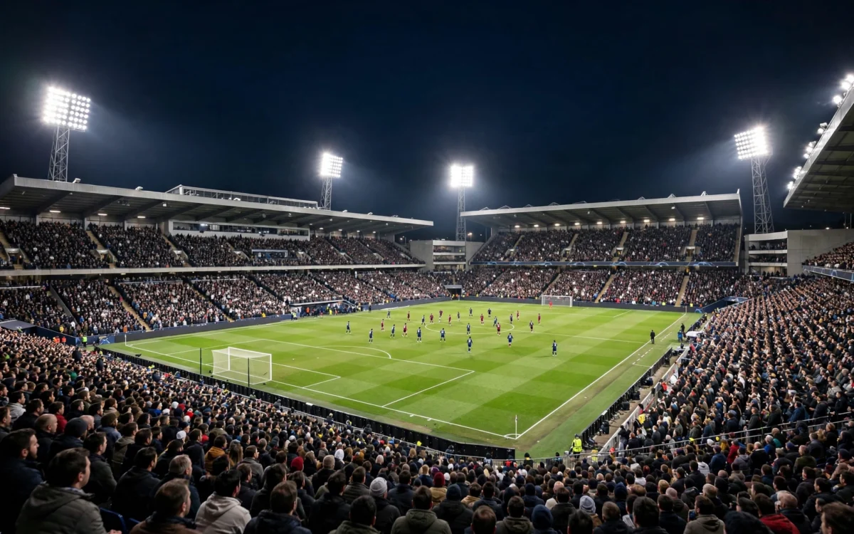 Champions League night match in a packed European stadium