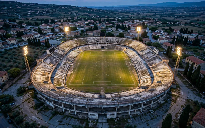 Aging Italian football stadium under floodlights at dusk