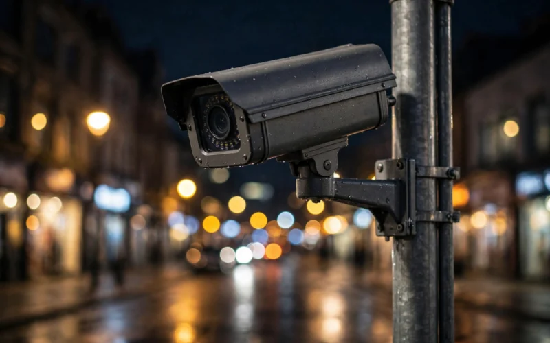 License plate reader camera mounted on a street pole at night