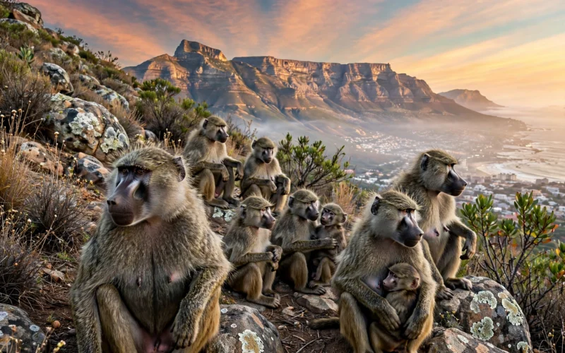 Chacma baboons overlooking a Cape Town suburb
