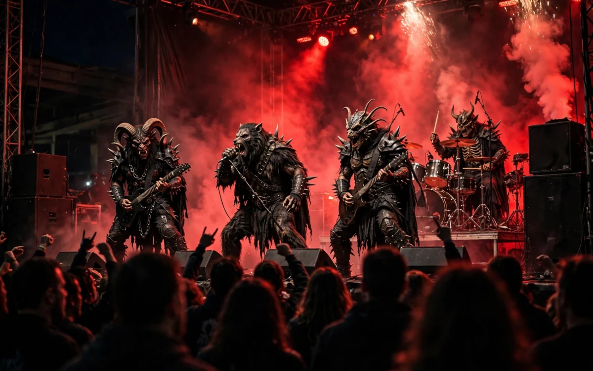 GWAR performing on stage in elaborate monster costumes