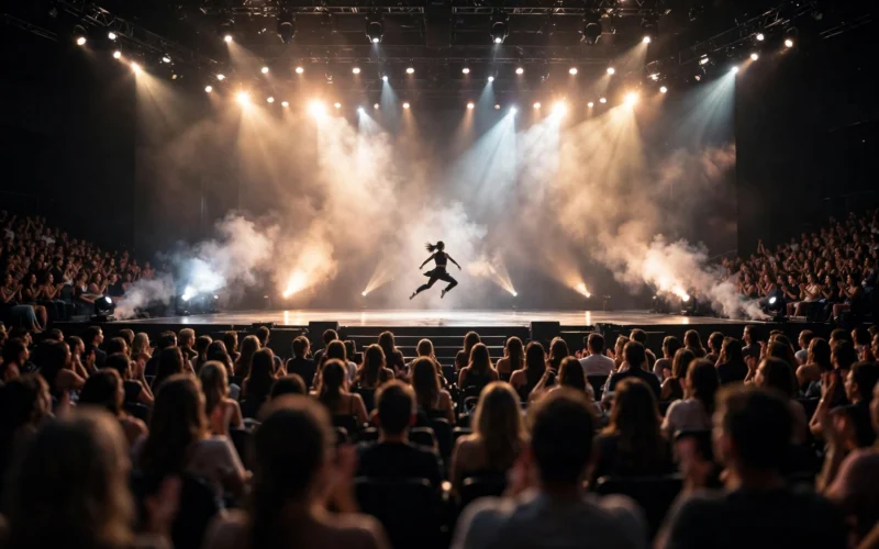 A young dancer performs on a brightly lit reality show stage with dramatic spotlights and a cheering audience in the background.