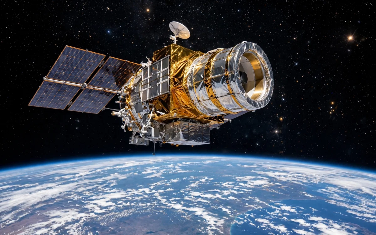 The Roman Space Telescope in orbit above Earth against a starfield