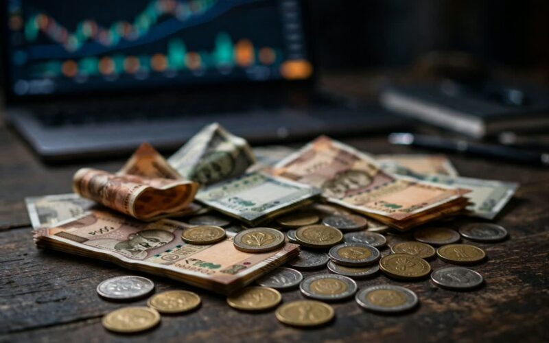 Indian rupee banknotes and coins with a blurred financial chart behind
