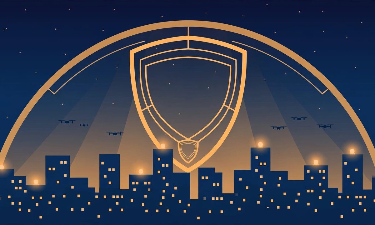Editorial illustration of a night city skyline with drone silhouettes and a protective shield