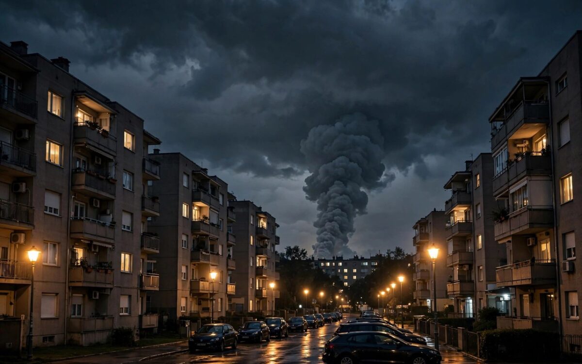 Damaged apartment buildings in Kharkiv with smoke rising at night