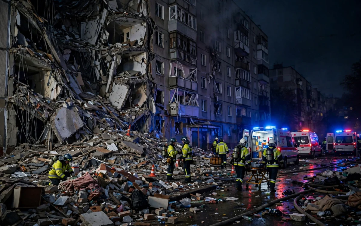 Damaged apartment building with emergency workers at the scene after an overnight strike.