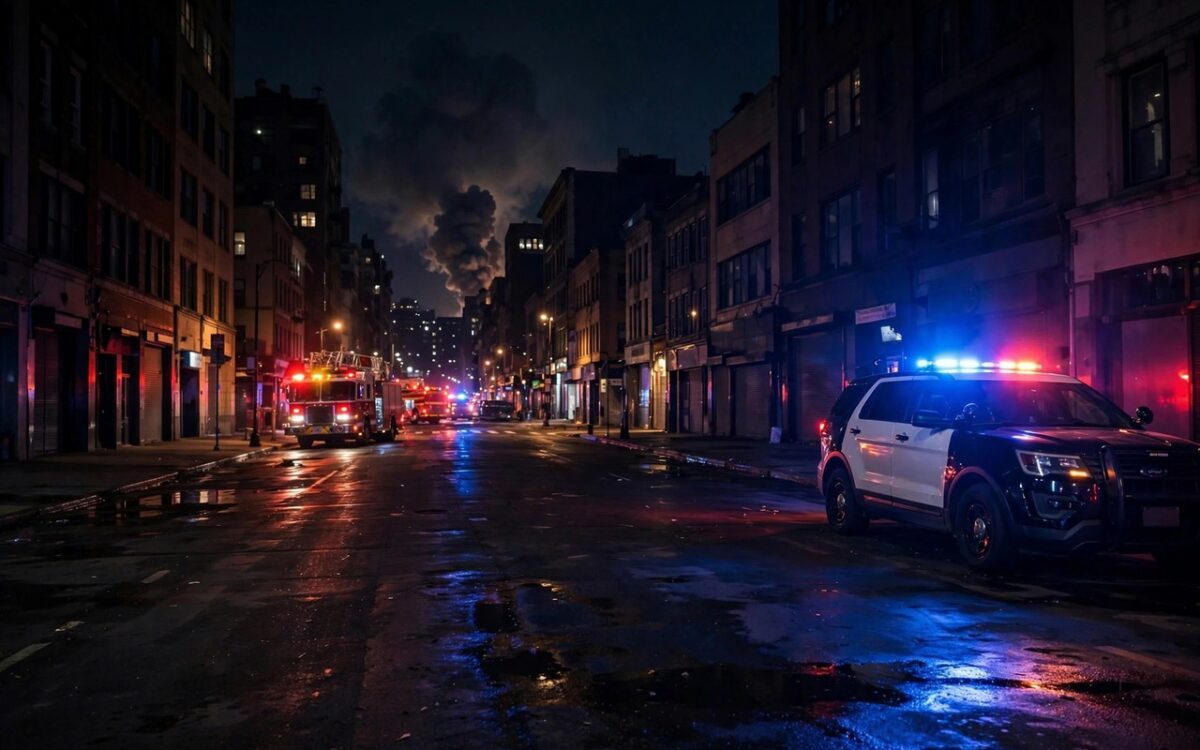 Night view of a city street in Ukraine with emergency lights and smoke in the distance