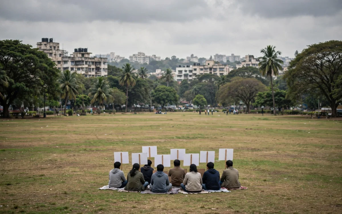 A photorealistic scene of a peaceful sit-in protest at a large Mumbai public ground, with a small group of people seated under a temporary canopy holding plain blank banners, photographed from a distance in daylight.