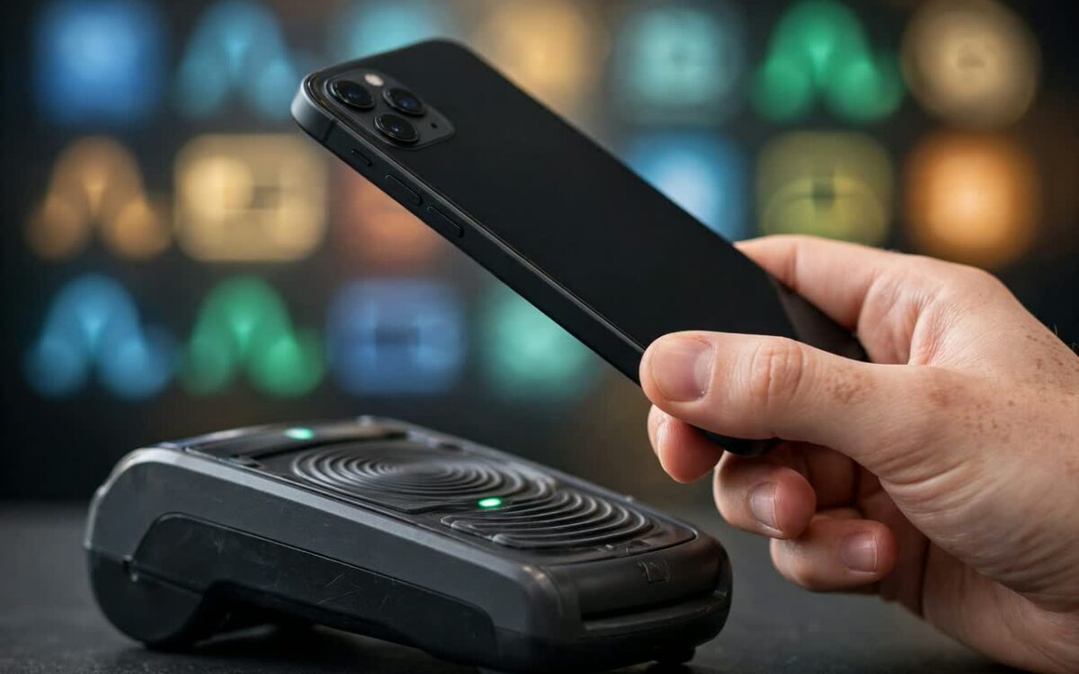 Smartphone held above a payment terminal, blurred payment icons